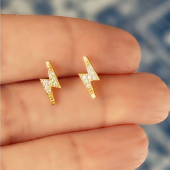 14K Gold Vermeil Lightning Bolt Stud Earrings - Picture 6 of 9
